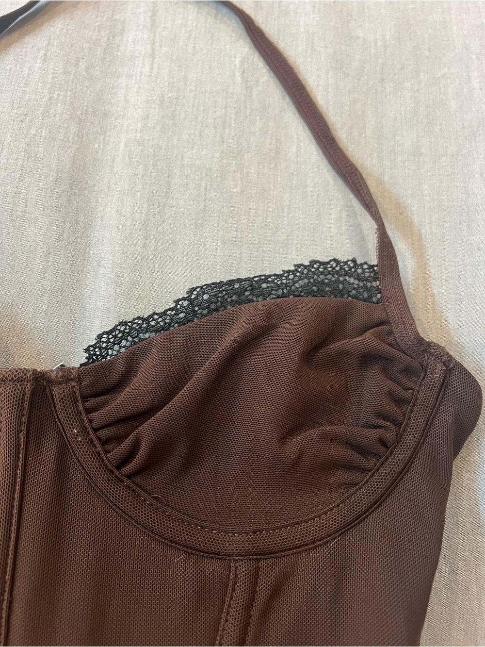 White Fox Boutique Brown Halter Bustier with Lace Trim - Picture 2 of 7